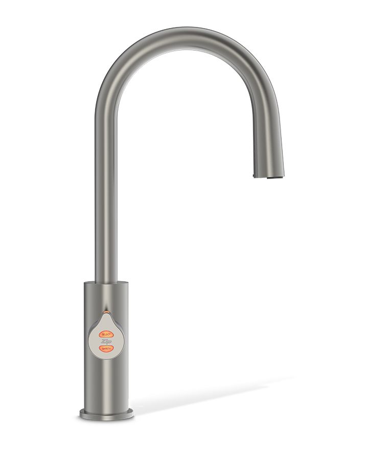 Stainless steel kitchen faucet on a white background