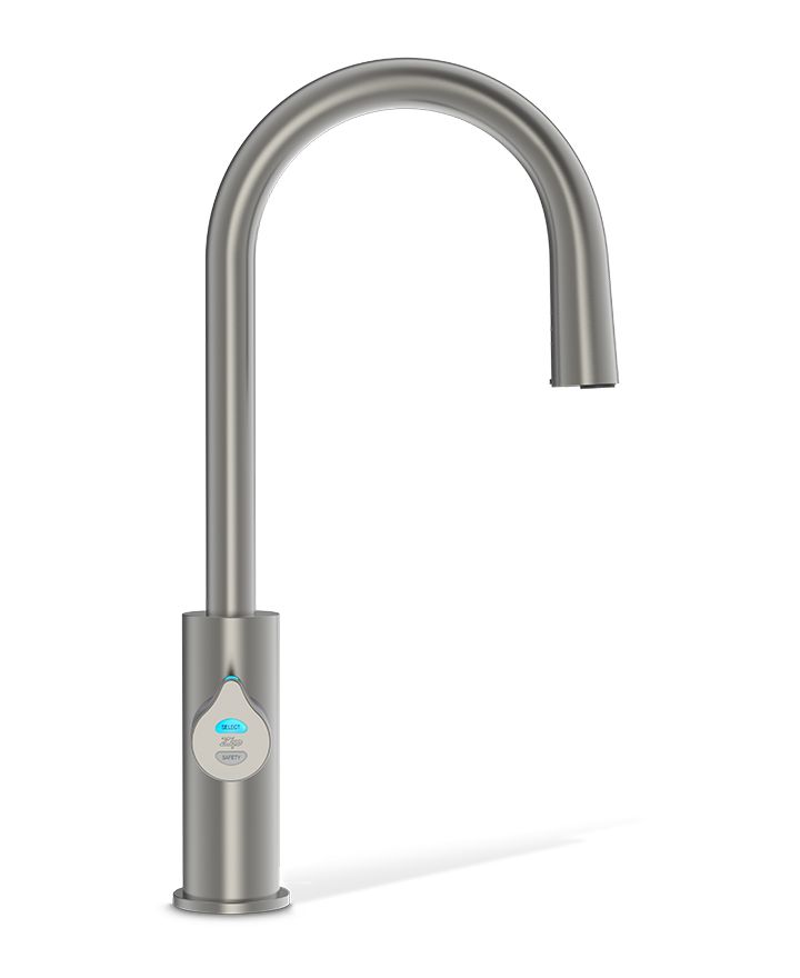 Stainless steel kitchen faucet on a white background