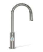 Stainless steel kitchen faucet on a white background
