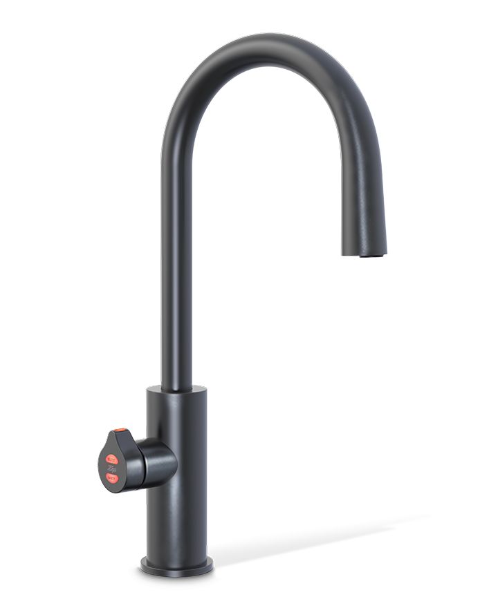 Black kitchen faucet on a white background
