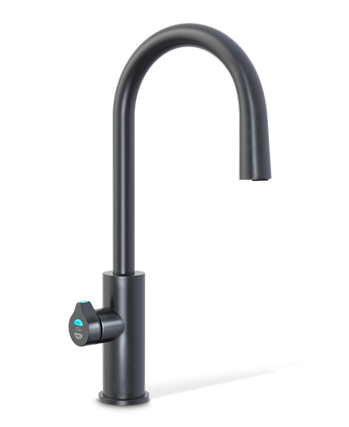 Black kitchen faucet on a white background