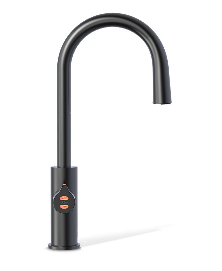 Black kitchen faucet on a white background