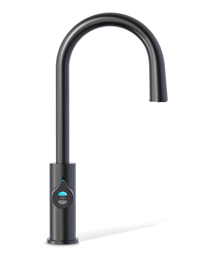 Black kitchen faucet with digital display on a white background