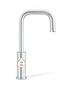 Stainless steel kitchen faucet on a white background