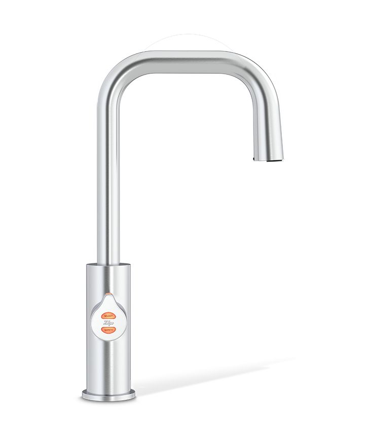 Stainless steel kitchen faucet on a white background