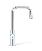Stainless steel kitchen faucet with digital display on a white background