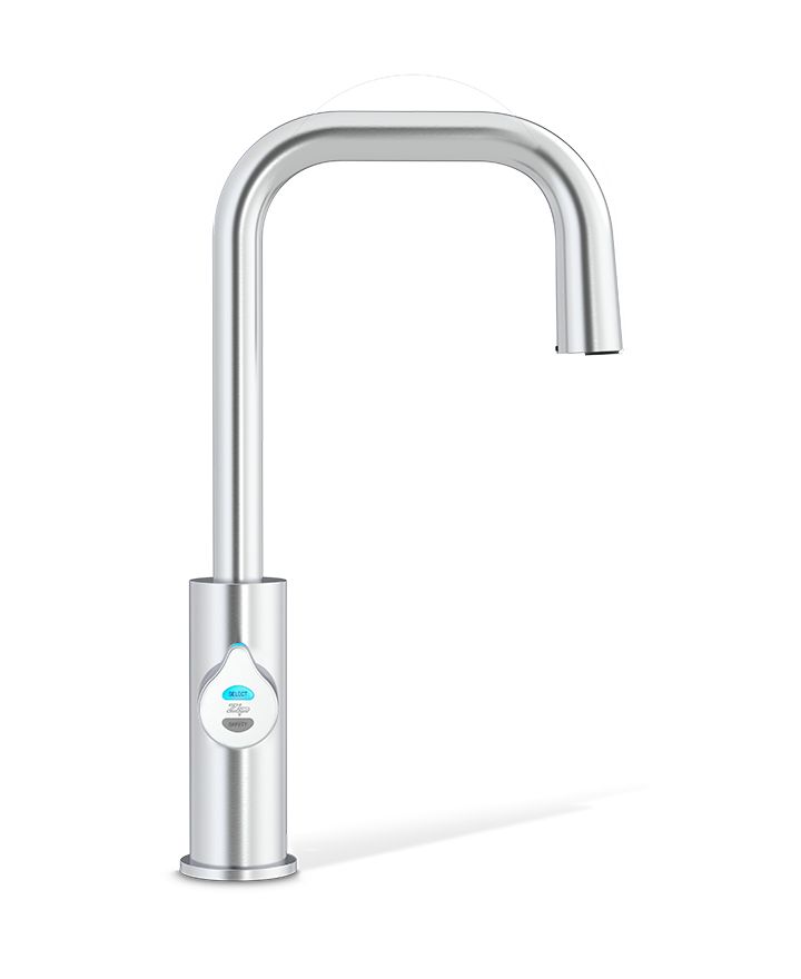 Modern kitchen faucet with digital display on a white background