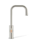 Stainless steel kitchen faucet on a white background