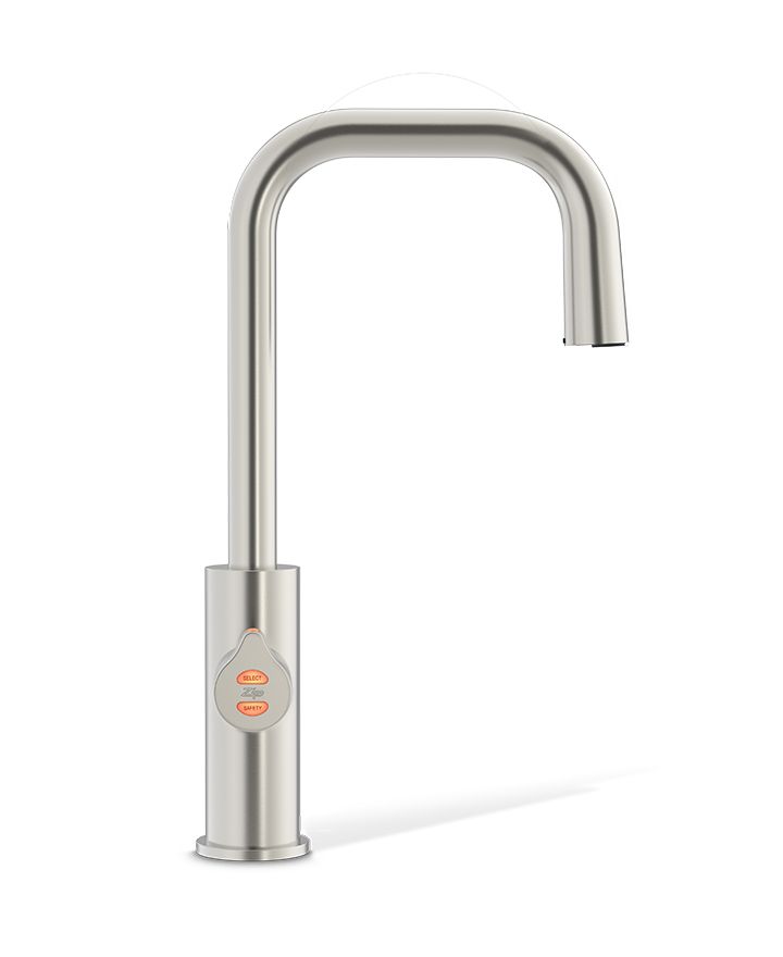 Stainless steel kitchen faucet on a white background