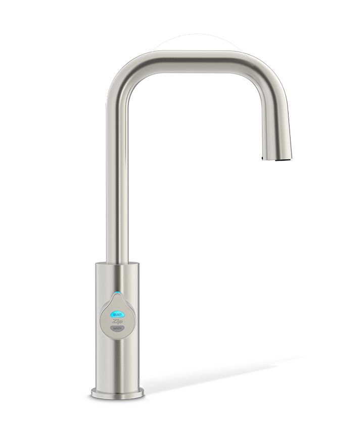 Stainless steel kitchen faucet on a white background