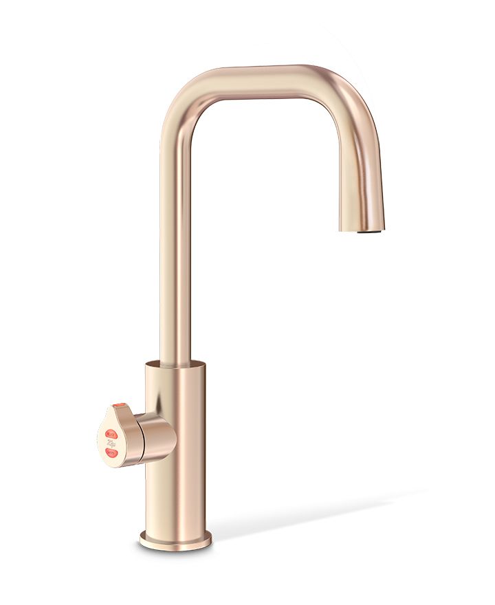 Rose gold kitchen faucet on a white background