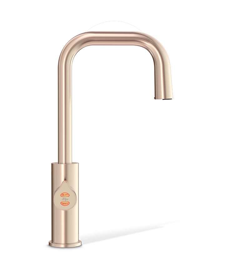 Rose gold kitchen faucet on a white background
