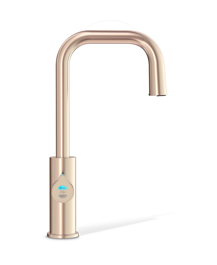 Rose gold kitchen faucet on a white background