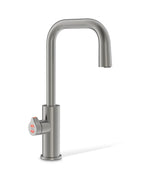 Stainless steel kitchen faucet on a white background