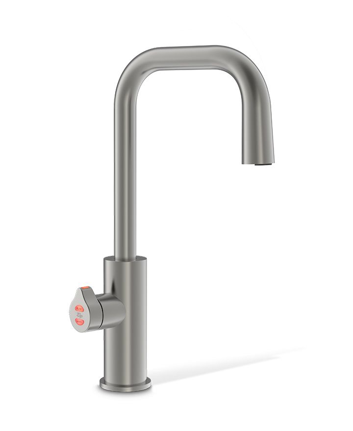Stainless steel kitchen faucet on a white background