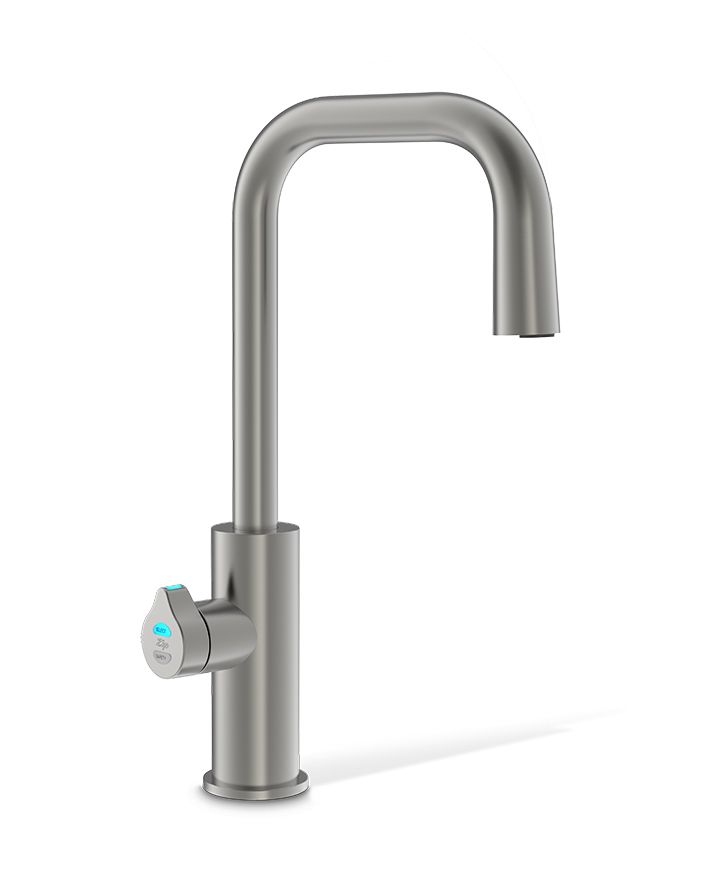 Stainless steel kitchen faucet on a white background