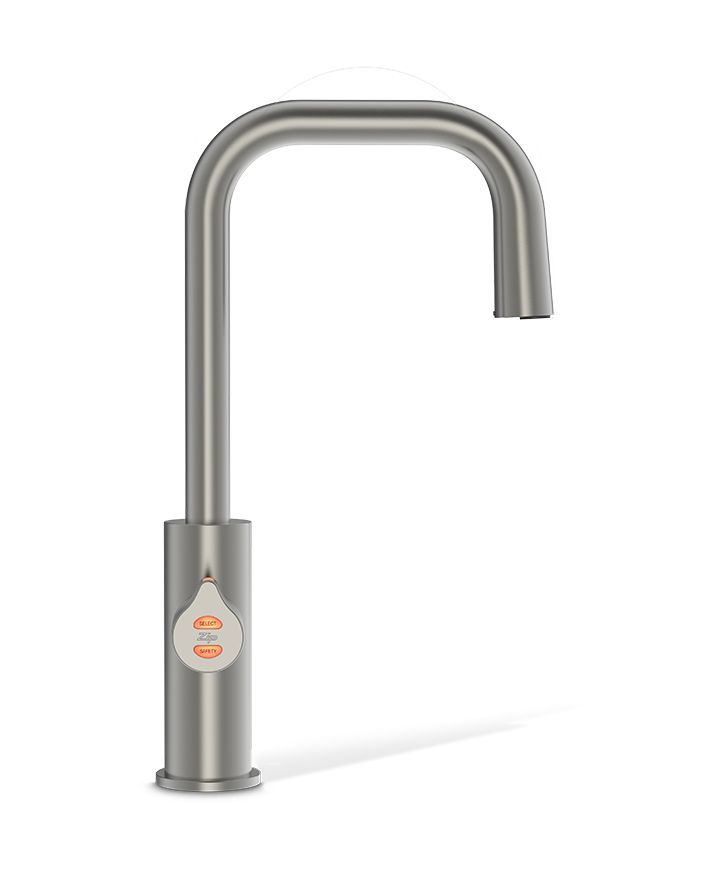 Stainless steel kitchen faucet on a white background