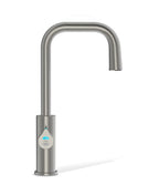 Stainless steel kitchen faucet on a white background