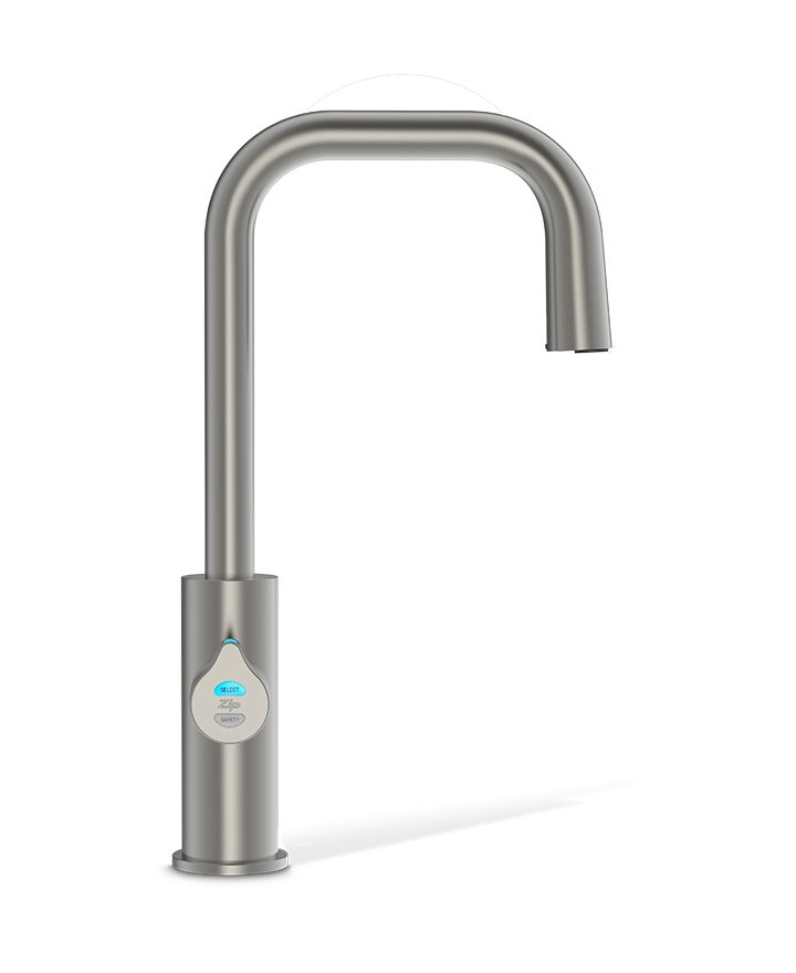 Stainless steel kitchen faucet on a white background