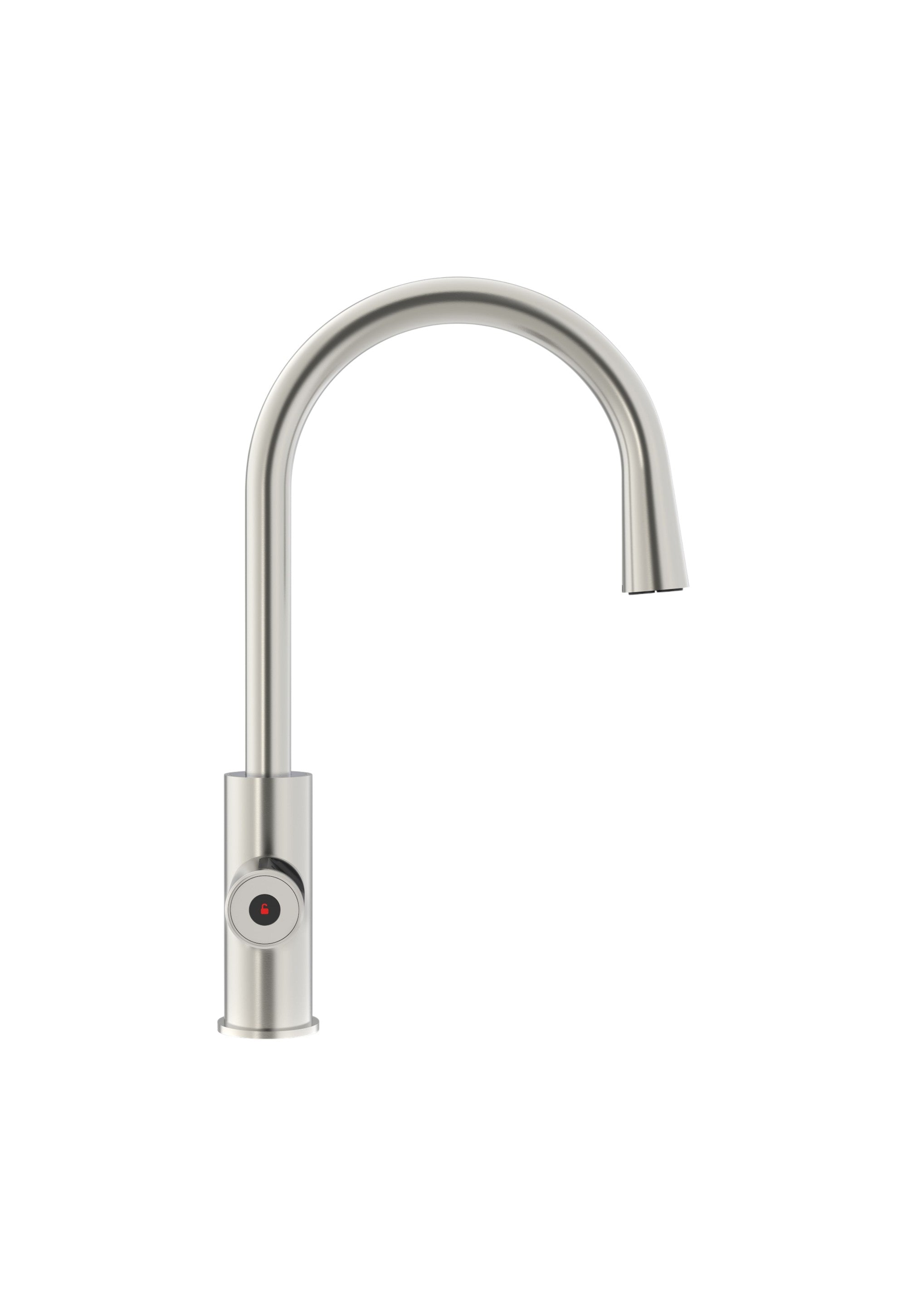 Stainless steel kitchen faucet on a white background