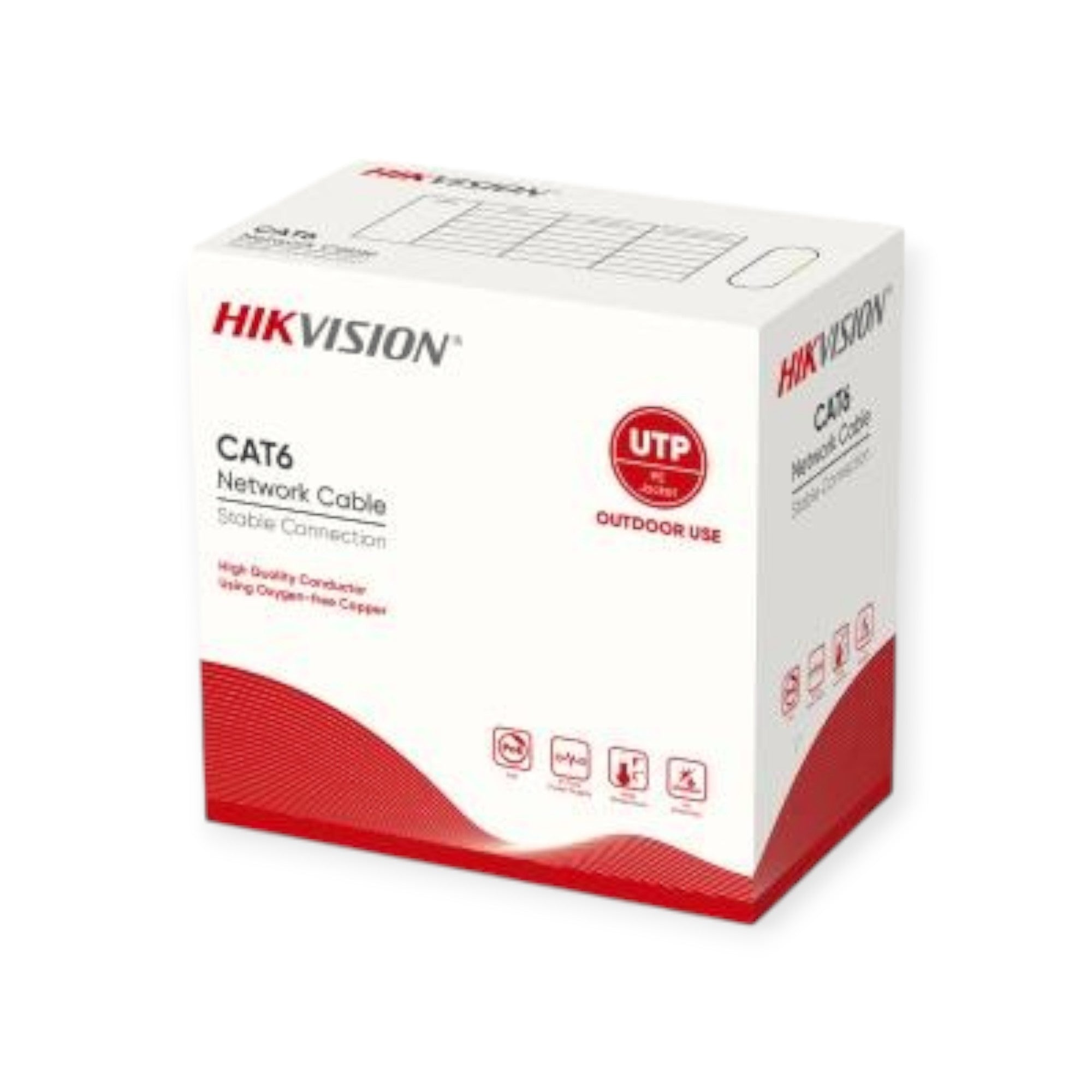 A white box of HIKVISION CAT6 Network Cable with red branding for UTP outdoor use.