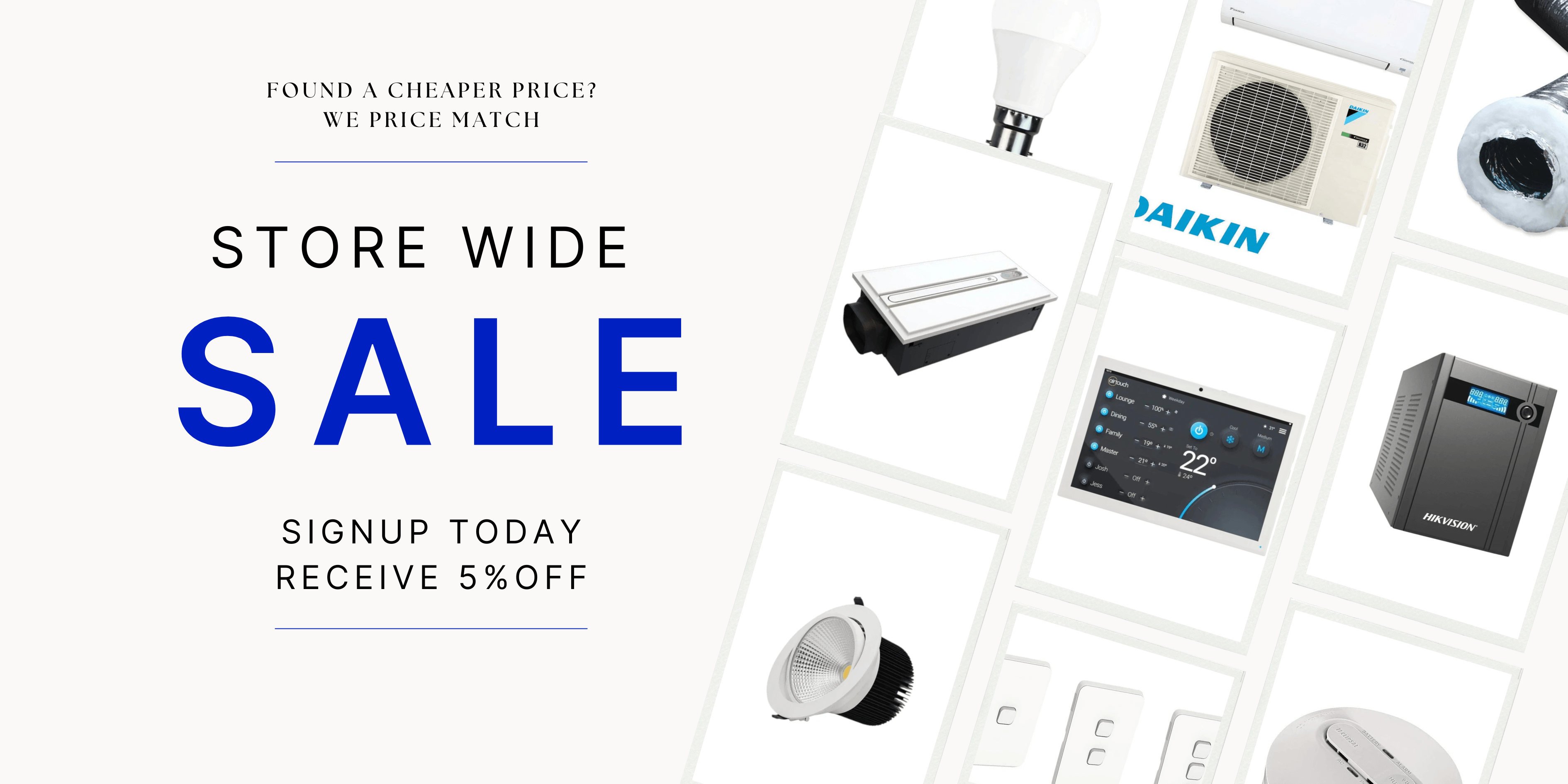 Store wide sale advertisement with HVAC equipment images on a white background