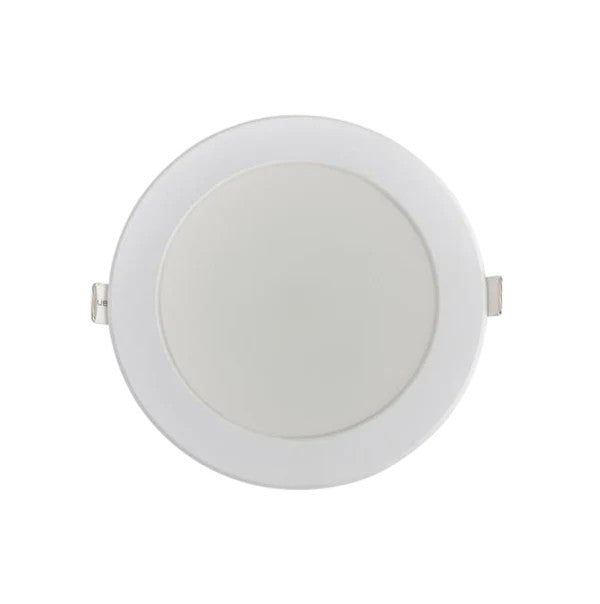 A white, round LED downlight with a 90mm cut-out, featuring a central panel light.