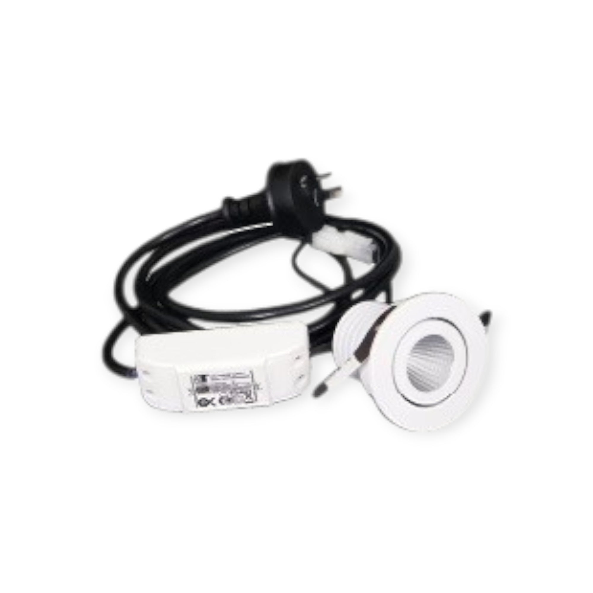 A white 5w Cob Gimble 55mm cut-out LED downlight with a black power cord.