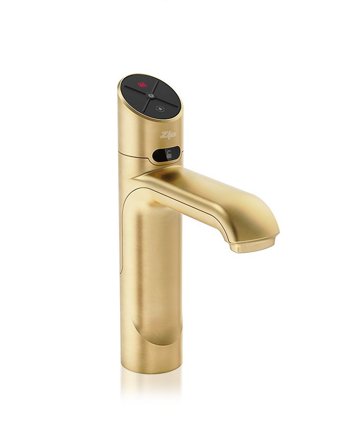 Gold kitchen faucet with control panel on a white background