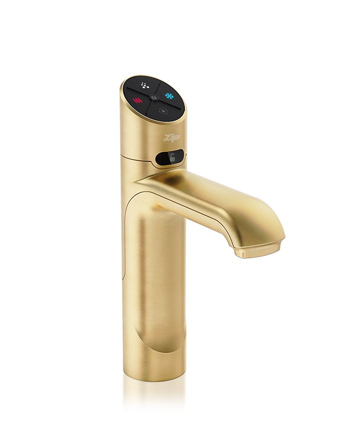 Gold kitchen faucet with digital display on a white background