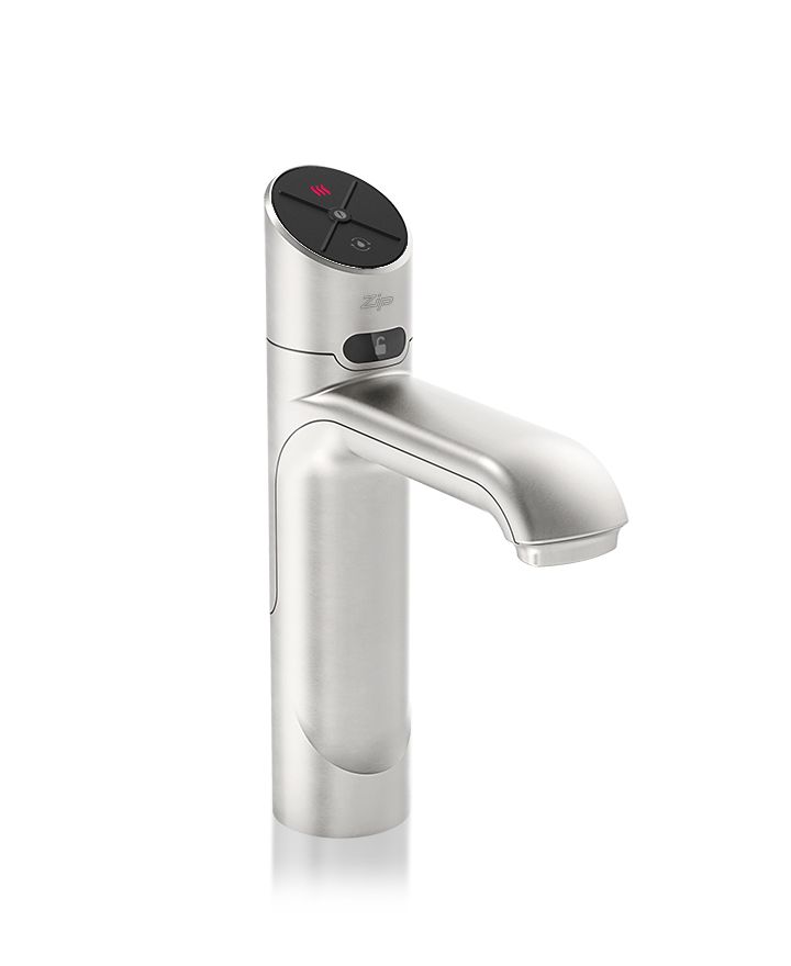 Modern kitchen faucet with digital display on a white background