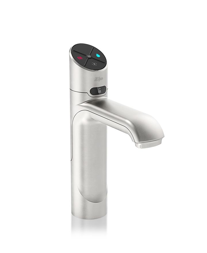 Modern kitchen faucet with digital display on a white background
