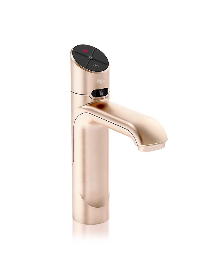 Rose gold kitchen faucet with digital display on a white background