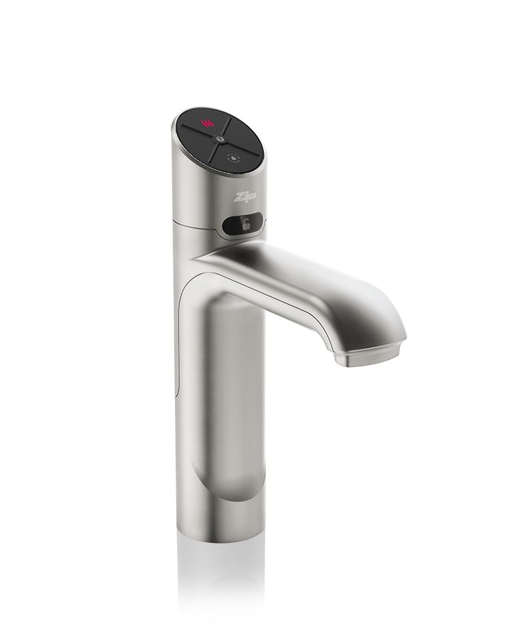 Modern kitchen faucet with digital display on a white background