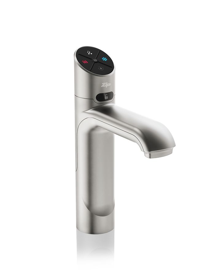 Stainless steel kitchen faucet with digital display on a white background