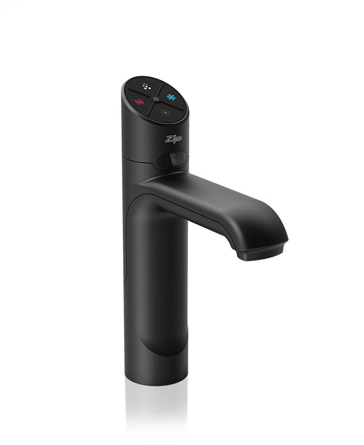 Black faucet with digital display on a white background