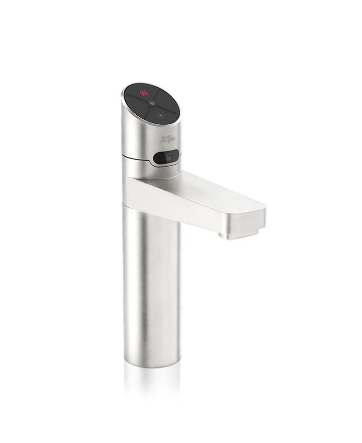 Stainless steel kitchen faucet on a white background