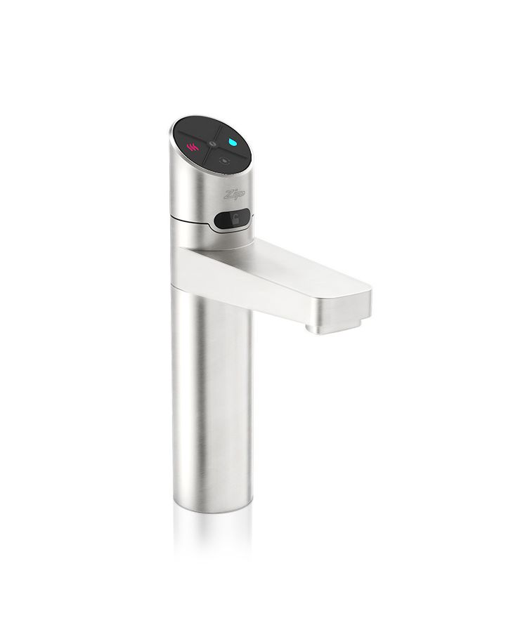 Stainless steel kitchen faucet on a white background
