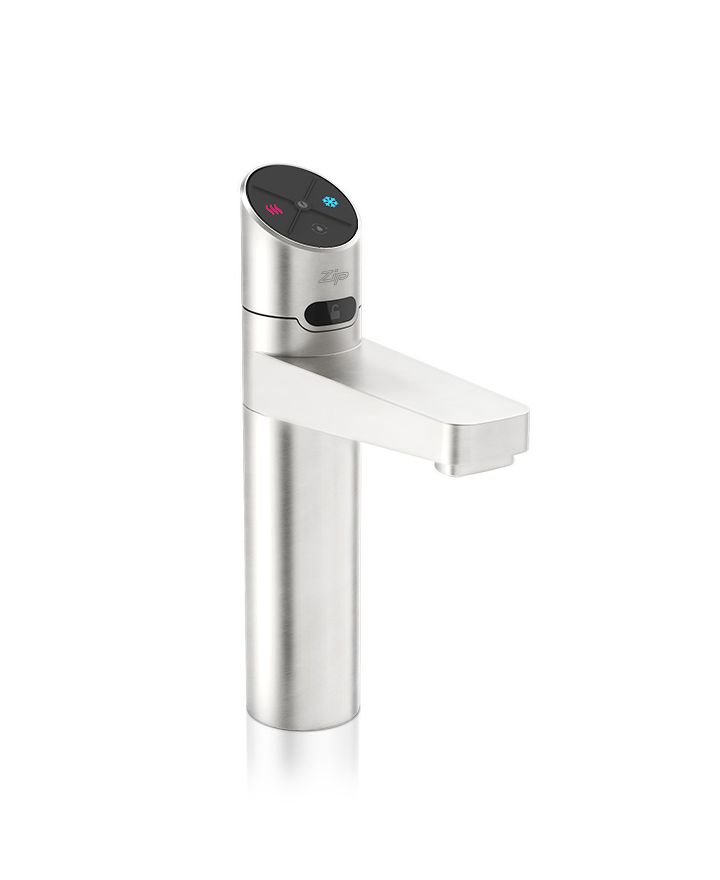 Stainless steel kitchen faucet with digital display on a white background