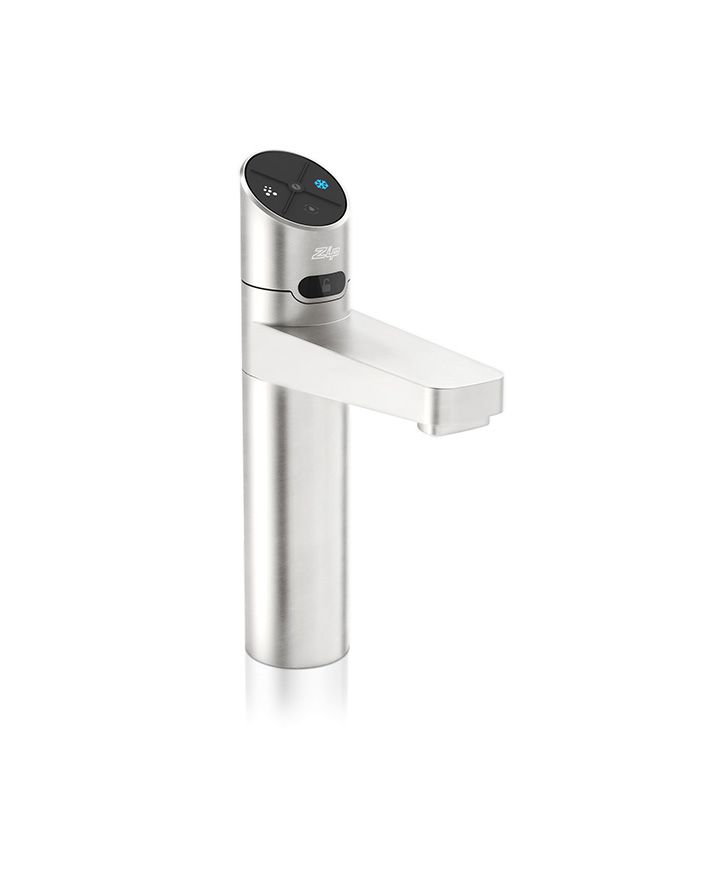 Modern kitchen faucet with digital display on a white background