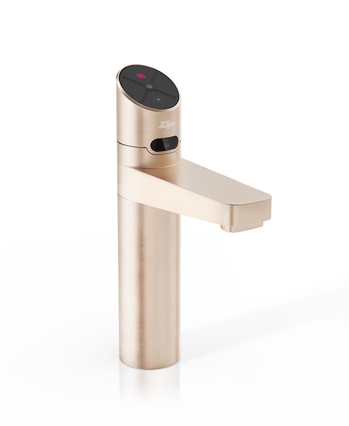 Modern kitchen faucet with digital display on a white background