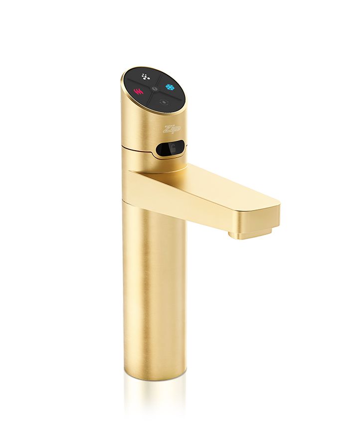 Gold faucet with digital display on a white background
