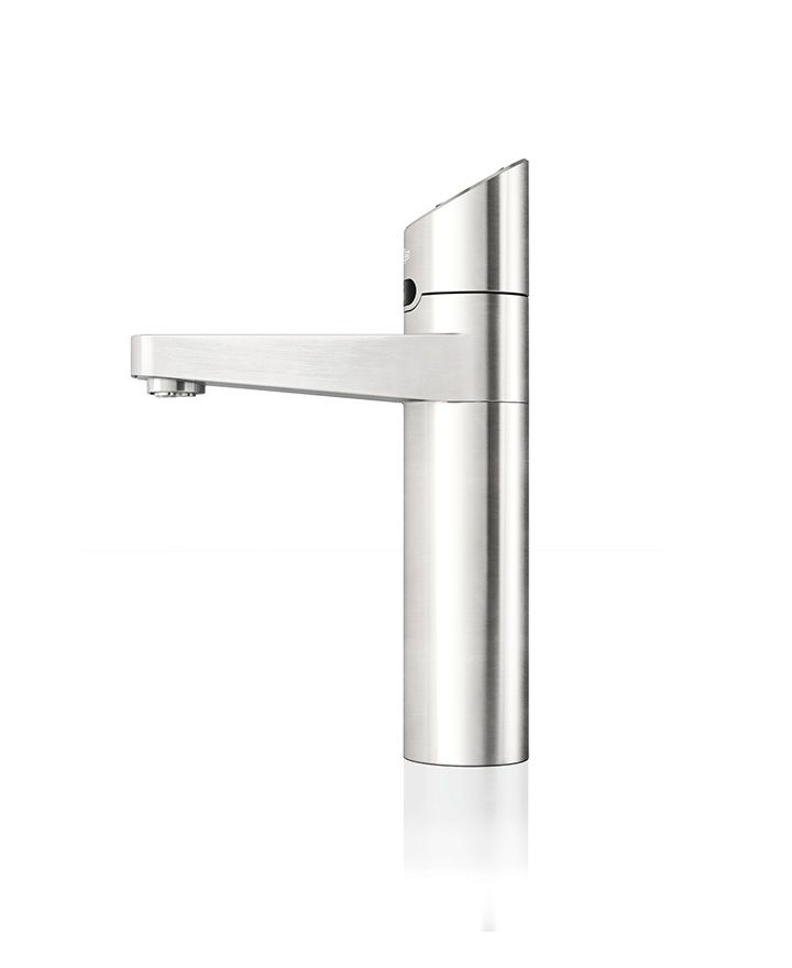Chrome kitchen faucet on a white background