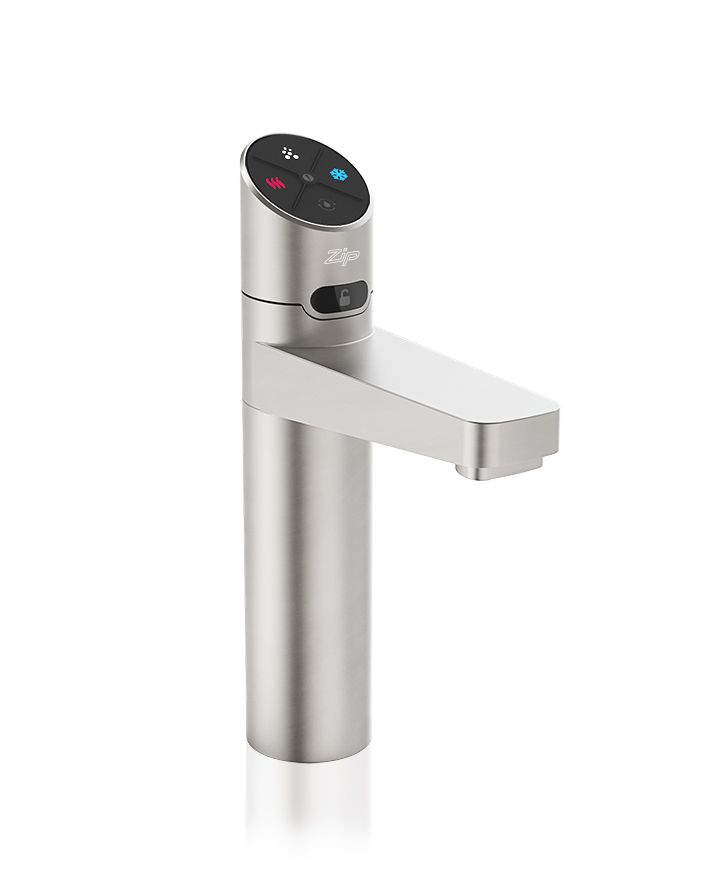 Stainless steel faucet with digital display on a white background