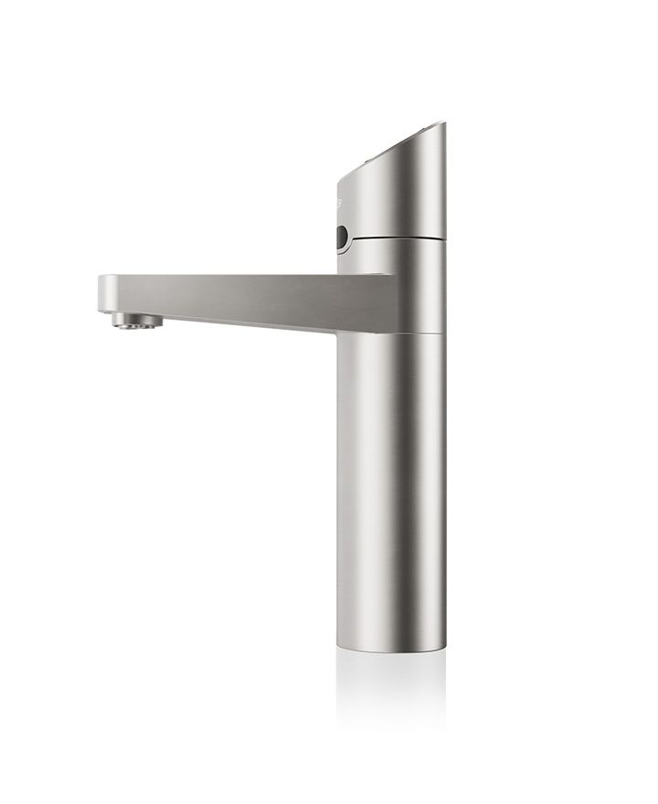 Stainless steel kitchen faucet on a white background