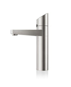 Stainless steel kitchen faucet on a white background