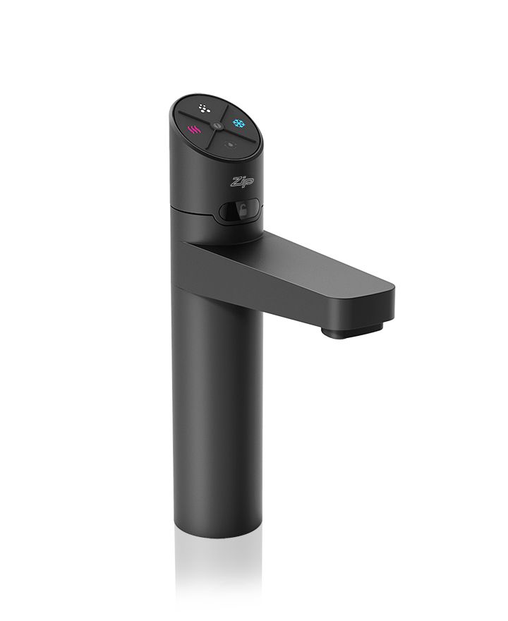 Black faucet with digital display on a white background