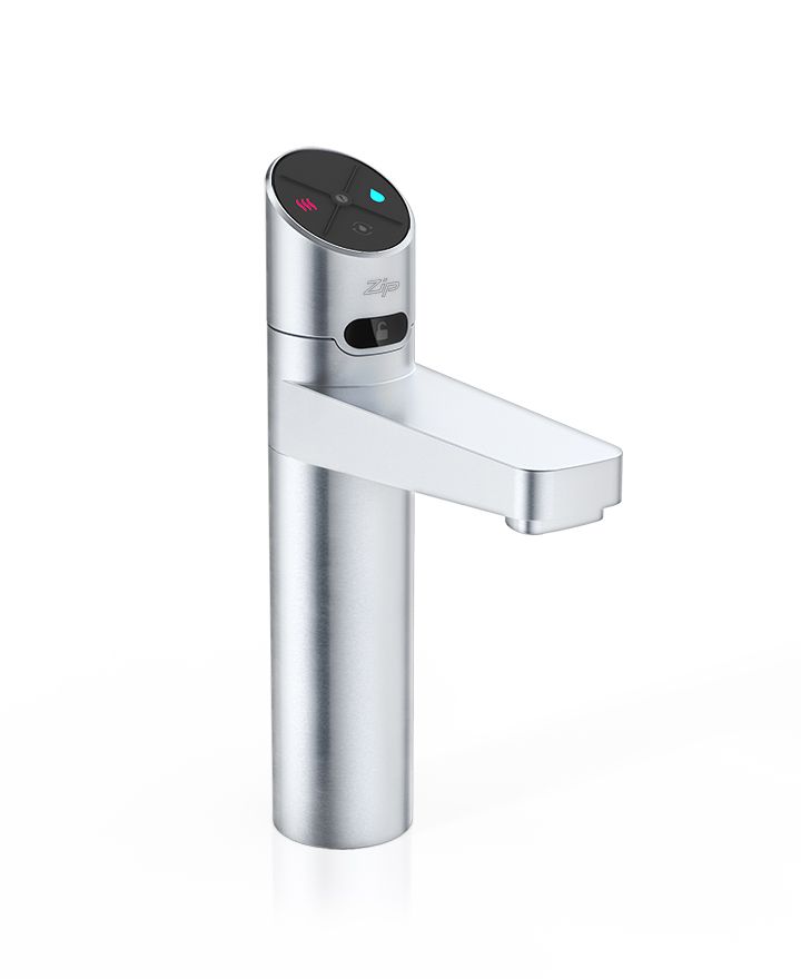 Modern kitchen faucet with digital display on a white background