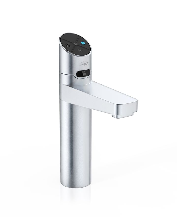 Modern kitchen faucet with digital display on a white background