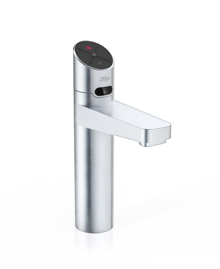 Modern kitchen faucet with digital display on a white background